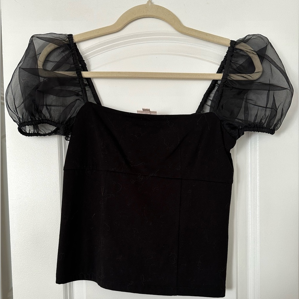 Cinq a Sept sheer puff sleeve black top